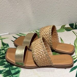 Soda Women's Woven Tan and Gold Sandals